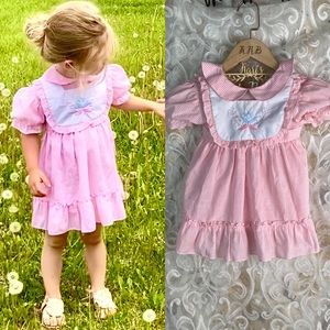 Vintage baby girl 3T babydoll pink ruffle embroidered floral striped dress 90’s